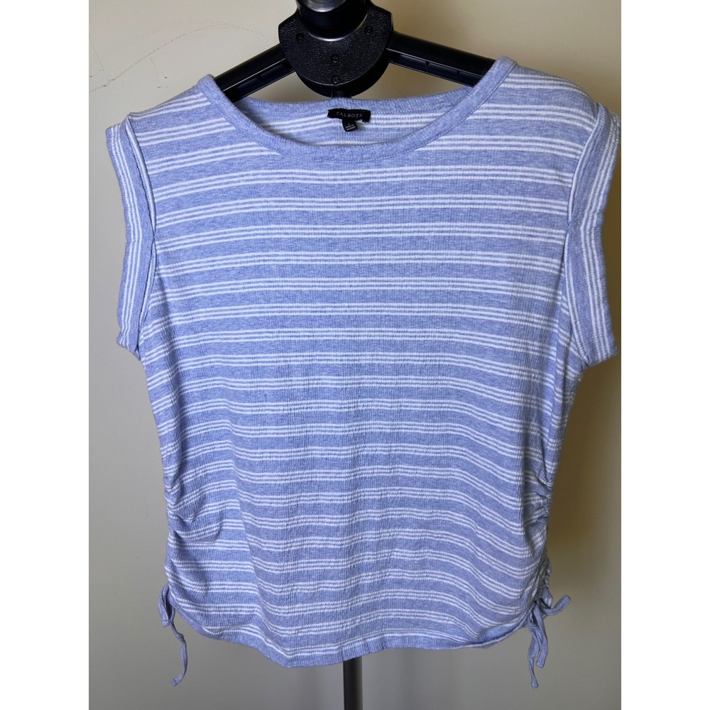 Talbots Striped Ruched Side Tee Women Large Blue White Cotton Classic Preppy